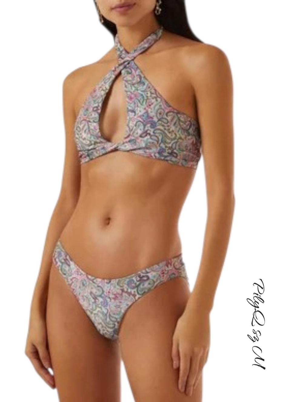 PILYQ PQ Swim Paisley Aria Twist Halter Top & Eternal Bikini Set Sz M NWT
